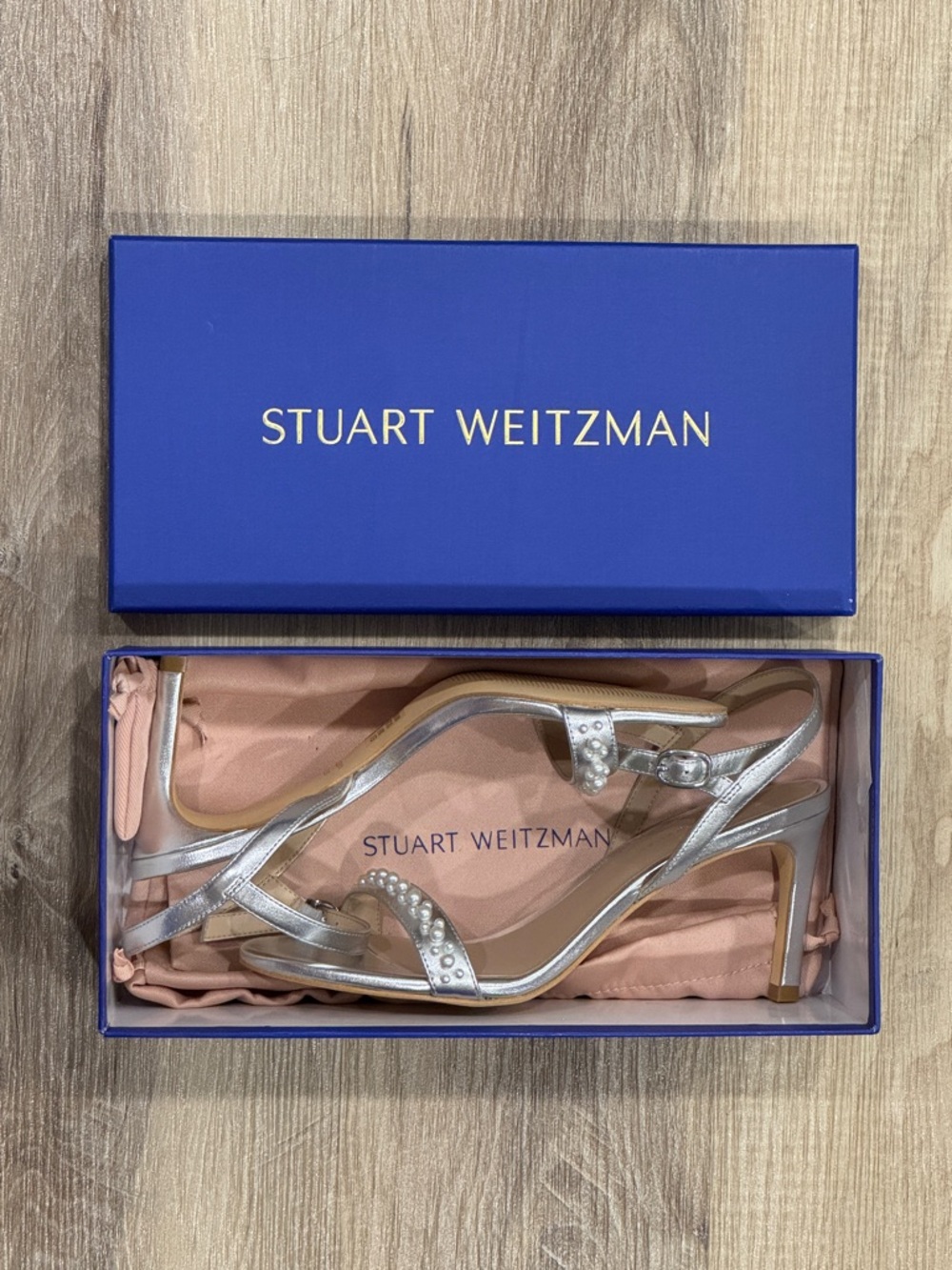 Stuart Weitzman Silver Pearl-Adorned Ankle-Strap 75 Sandals - Picture 5 of 7
